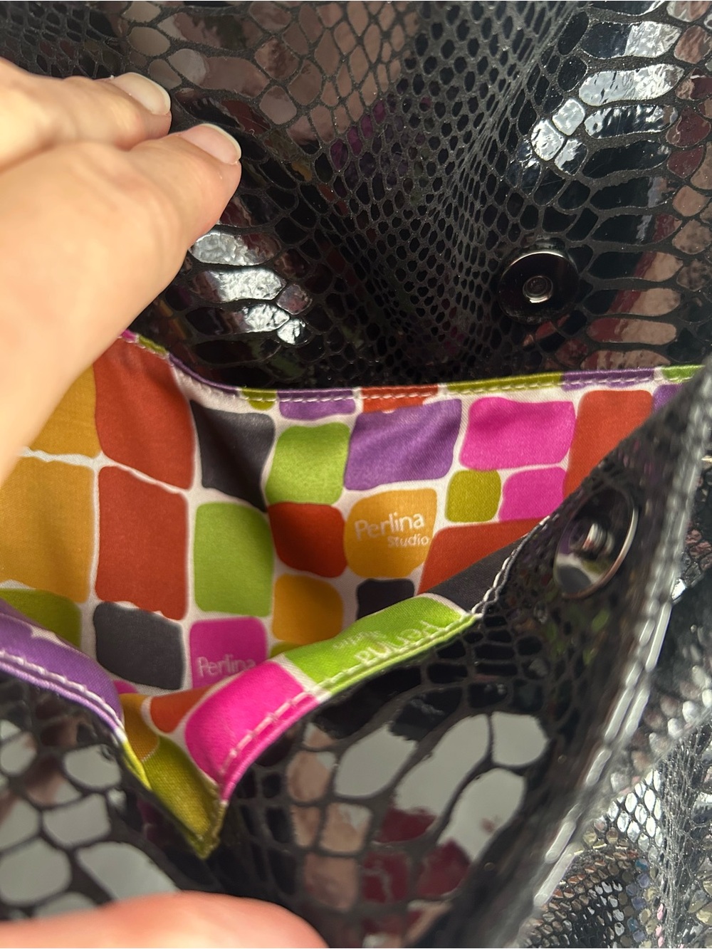 Vintage Y2K Perlina Studio Black Snakeskin Embossed Leather Rope Handle Hobo Bag - Picture 6 of 16